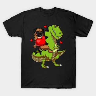 Pug Dog Riding T-Rex Dinosaur Funny T-Shirt